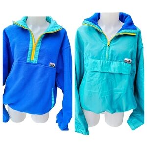 Vintage Reversible Kangaroo Aqua Windbreaker Blue Fleece Pullover Jacket Coat